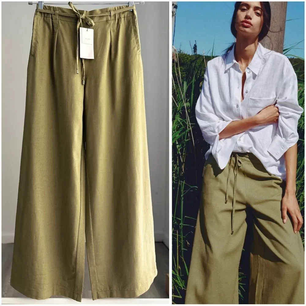 ZARA WIDE LEG LINEN PANTS WITH BELT